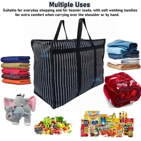 EVK® Multipurpose Extra Large Big Bag Heavy Duty Storage Organizer Reusable Canvas Shopper Bag with Strong Handles Jhola and Base with Covers Zip Jumbo Bag