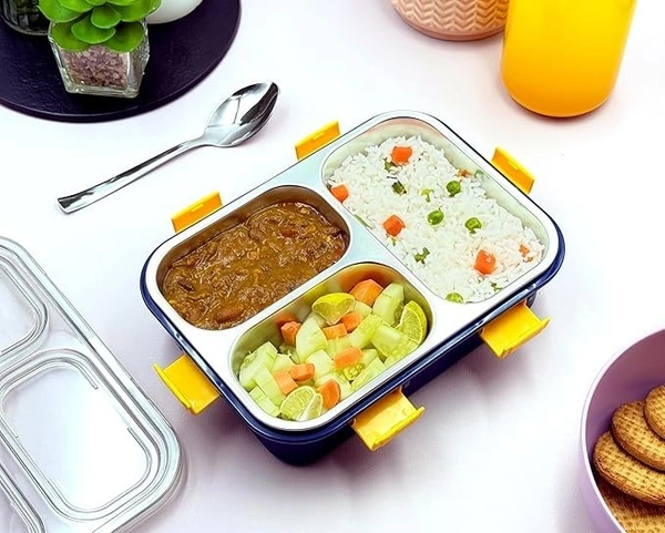 Darkpyro 3 Compartment Stainless Steel Lunch Box, Leakage Proof Lunch Box For School Kids And Adults Pack Of 1 Blue,750ML