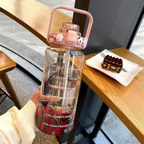JNT 2L Capacity Belt Straw Transparent Motivational Water Bottle for Office, School, College & Gym Time Marker Leak Proof & Break-Proof BPA-Free (Multi)