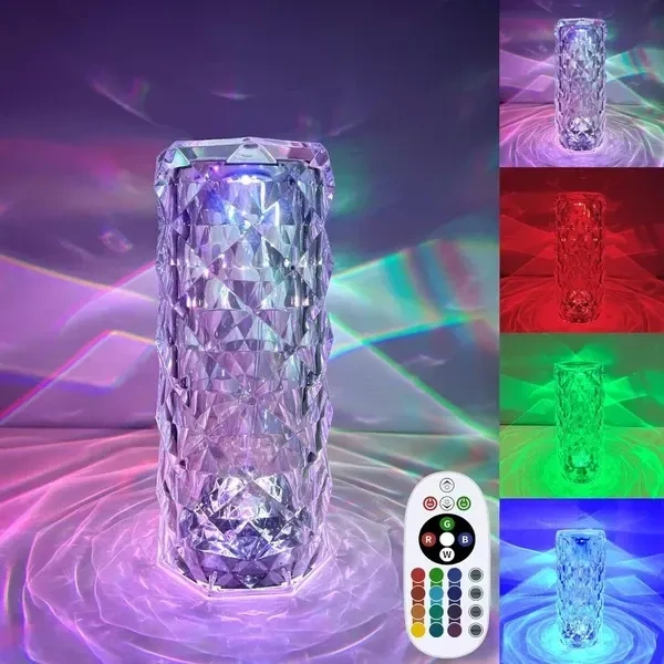 Rose Crystal Diamond Table Lamp - USB Rechargeable RGB 16 Color 7 Brightness Touch LED Lamp Colour Changing Crystal Lamp Atmosphere Bedside Night Lights with Remote Control