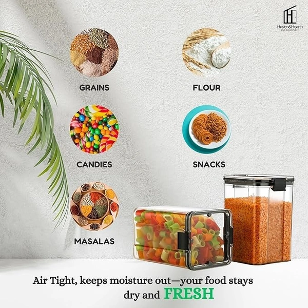Haven&Hearth Airtight Kitchen Storage Container Set with Lock, 1100ml Square Plastic Jars, BPA-Free, Unbreakable Pantry Organizers for Dry Food, Snacks & Spices – Stackable, Transparent, Set of 6