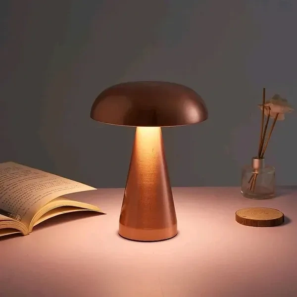 Prokitchen Mushroom Shape Portable LED Table Lamp 3-Colour Changing USB Rechargeable Metal Night Light Lamp | for Bedroom, Bedside, Living Room, Home Decoration, Restaurant Bar - Metal (Gold)