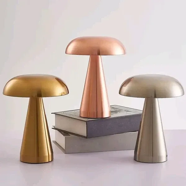 Prokitchen Mushroom Shape Portable LED Table Lamp 3-Colour Changing USB Rechargeable Metal Night Light Lamp | for Bedroom, Bedside, Living Room, Home Decoration, Restaurant Bar - Metal (Gold)