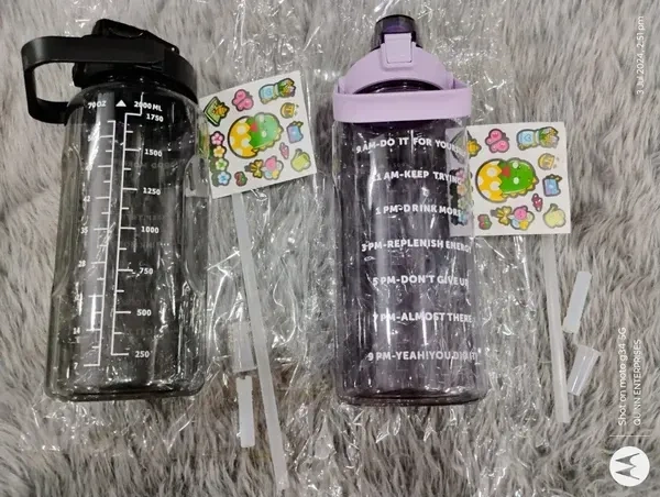 JNT 2L Capacity Belt Straw Transparent Motivational Water Bottle for Office, School, College & Gym Time Marker Leak Proof & Break-Proof BPA-Free (Multi)
