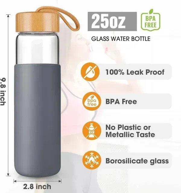 550 ML Borosilicate Glass Water Bottle with Bamboo Lid and Silicone Sleeve - BPA-Free