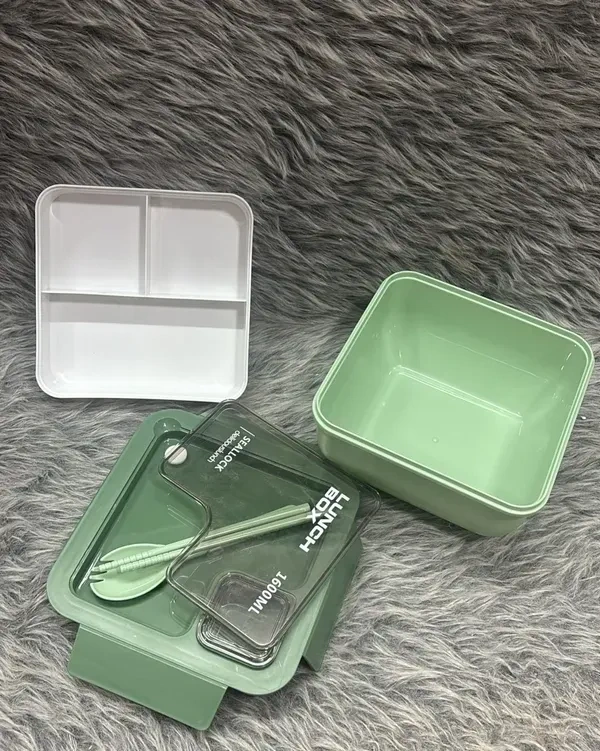 Cazuela Portable Plastic Salad Box, 3-Compartment Lunch Box Food Storage Container with Lunch Box (Blue)