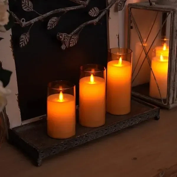 LTETTES Flameless LED Candles AA Battery Powered with Gold Acrylic Fiber Glass with Remote Controller and Timer for Home Festival Wedding Decor (3" D x 6" H)