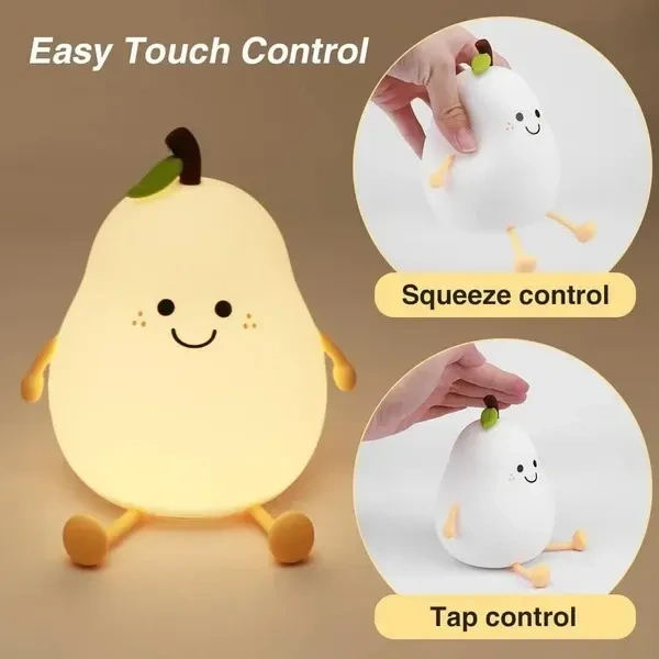 MUID Pear Night Light For Kids Silicone Cute Lamp Nightstand Dimmable Bedroom Baby Fruit Nightlight Kawaii Bedside Room (Pear Lampled)