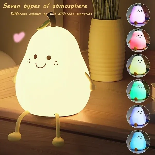 MUID Pear Night Light For Kids Silicone Cute Lamp Nightstand Dimmable Bedroom Baby Fruit Nightlight Kawaii Bedside Room (Pear Lampled)