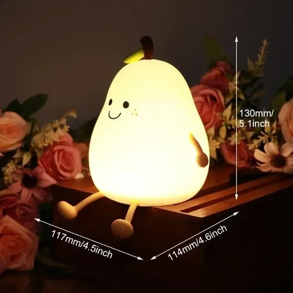 MUID Pear Night Light For Kids Silicone Cute Lamp Nightstand Dimmable Bedroom Baby Fruit Nightlight Kawaii Bedside Room (Pear Lampled)