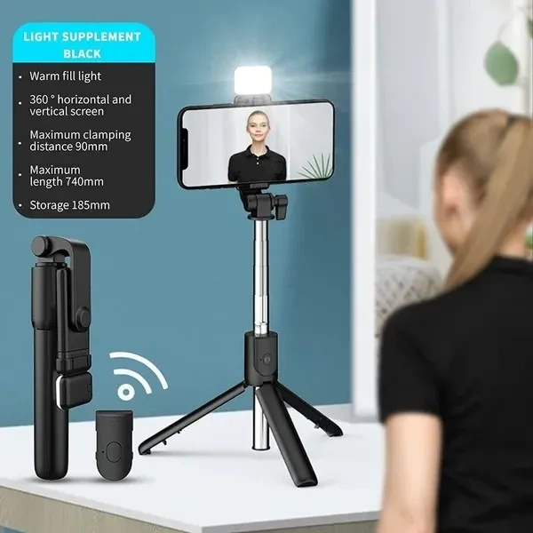 R1S-L Selfie Stick Mini LED Fill Light Tripod Selfie Stick 3 in 1 Multifunction Aluminium Selfie Stick for Vlogging/Photography/Videography for All Mobile Smartphones (Multicolor)
