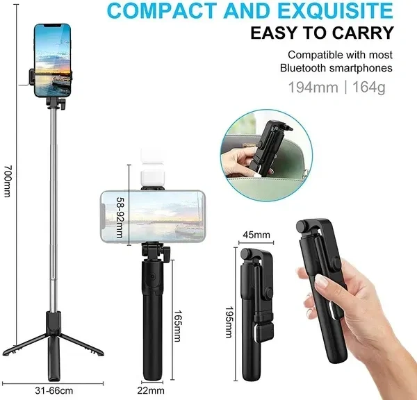R1S-L Selfie Stick Mini LED Fill Light Tripod Selfie Stick 3 in 1 Multifunction Aluminium Selfie Stick for Vlogging/Photography/Videography for All Mobile Smartphones (Multicolor)
