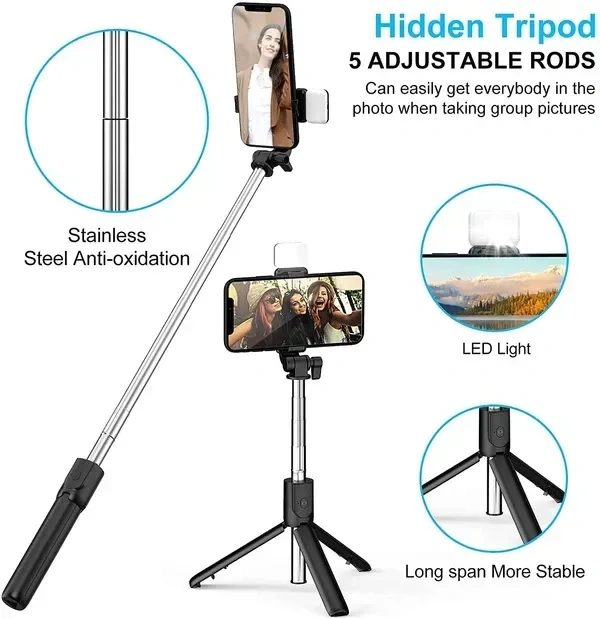 R1S-L Selfie Stick Mini LED Fill Light Tripod Selfie Stick 3 in 1 Multifunction Aluminium Selfie Stick for Vlogging/Photography/Videography for All Mobile Smartphones (Multicolor)
