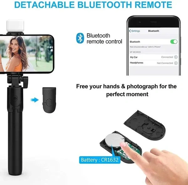 R1S-L Selfie Stick Mini LED Fill Light Tripod Selfie Stick 3 in 1 Multifunction Aluminium Selfie Stick for Vlogging/Photography/Videography for All Mobile Smartphones (Multicolor)