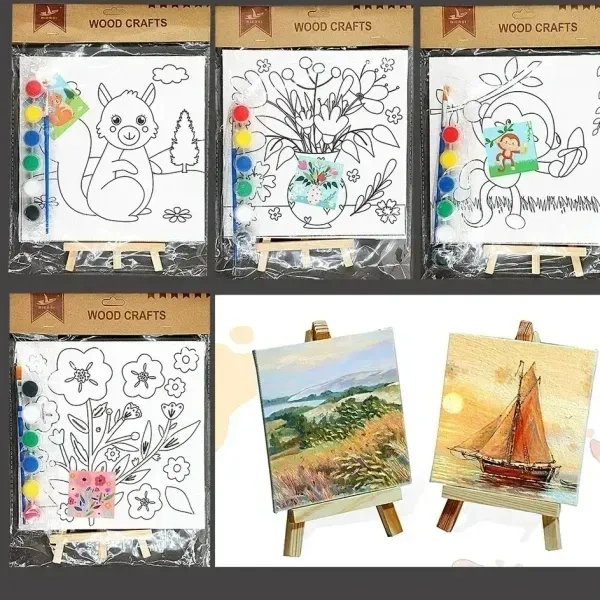 15X15 Wooden Easel with PrintedvCanvas Board with Paint For Painting Kids