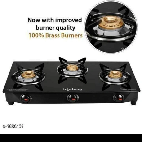 LIFELONG TOUGHNED GLASS TOP 3 BURNER GAS STOVE  - BLACK AND GREY , 3 BURNER 