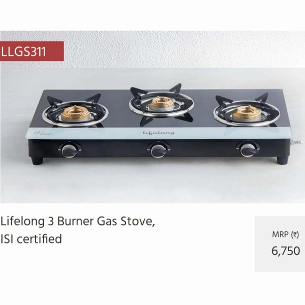 LIFELONG TOUGHNED GLASS TOP 3 BURNER GAS STOVE  - BLACK AND GREY , 3 BURNER 