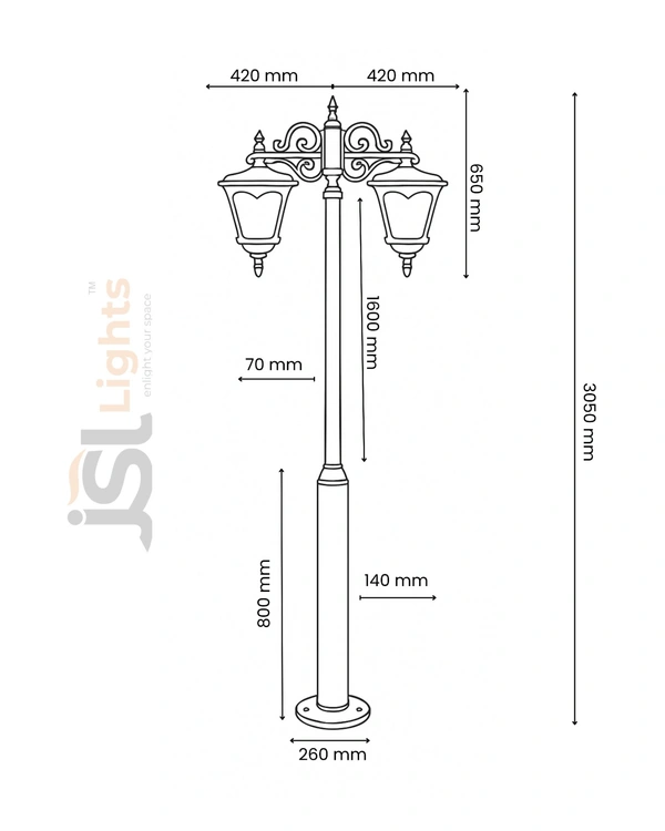 Heritage Pole Garden Light 3mt.aluminium Die Casting 10feet With 2 Lights  - 1 pcs