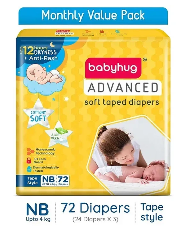 Babyhug Advanced Tape Style Diapers New Born Size - 72 Pieces