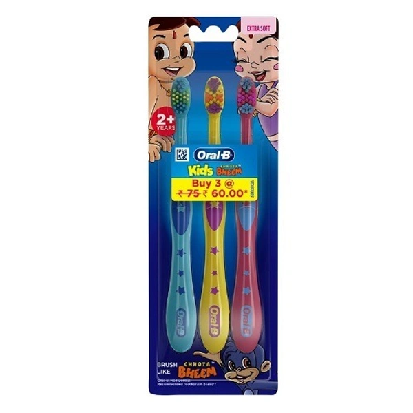 Oral-B Kids Chhota Bheem Toothbrush, Extra Soft Bristles, Pack Of 3 (Age 2+)