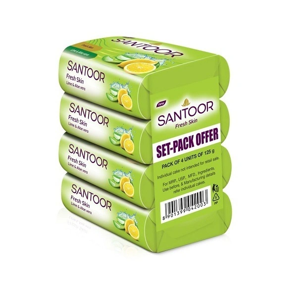  Santoor Fresh Skin Aloe Vera & Lime Soap 125g (Pack of 4)