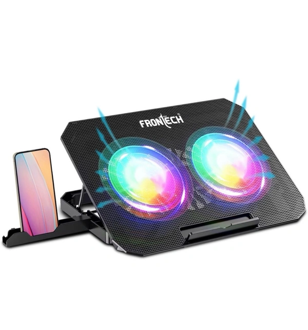 Frontech CP-0007 Laptop Cooling Pad | Dual 120 mm RGB LED Fans | Built-in Mobile Stand | Ergonomic Adjustable Height Cooling Pad (Black)