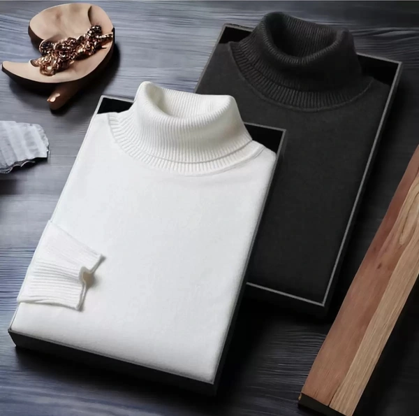 Solid High Neck Casual Men Cotton Blend White Pullover - L, White