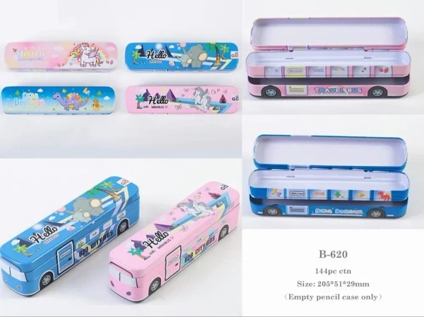  Travel Bus Metal Pencil Box Double Comparment B-620 - Blue