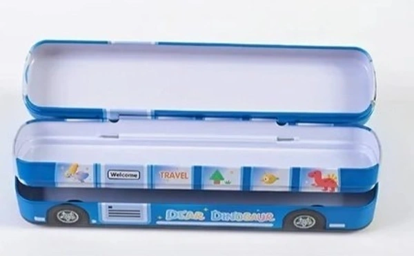  Travel Bus Metal Pencil Box Double Comparment B-620 - Blue