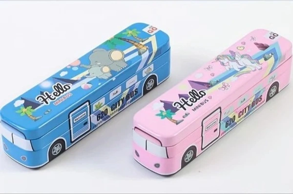 Travel Bus Metal Pencil Box Double Comparment B-620 - Blue