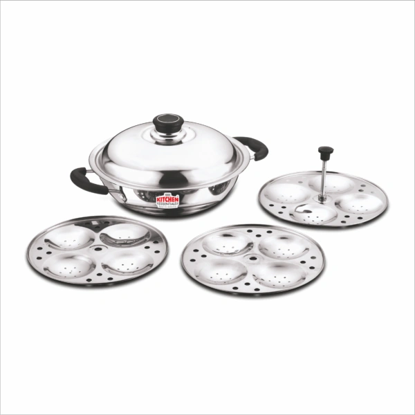 Kitchen Essentials Stainless Steel Idli Maker (1 SS kadai, 1 SS Lid, 3 Idli Plate) - 2 L, SS
