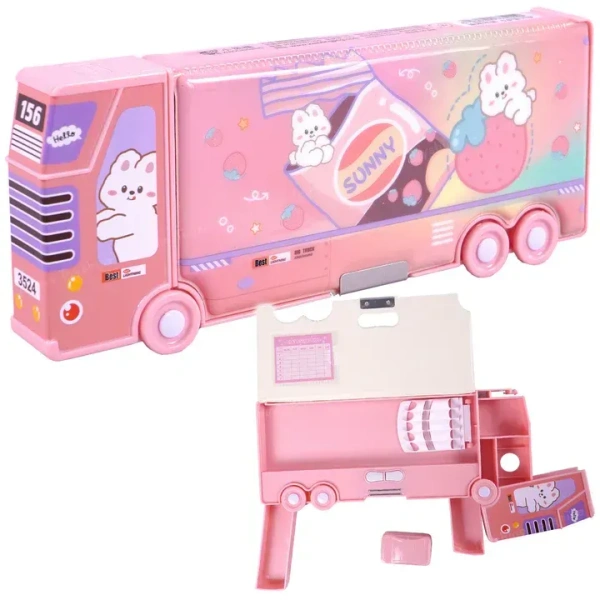 Sunny Rabbit Double Compartment Bus Pencil Box with Moving Tyres Button Enabled Storages and Sharpner for Kids - Pink - Pink