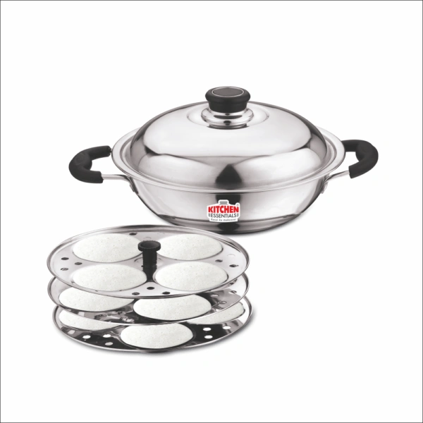 Kitchen Essentials Stainless Steel Idli Maker (1 SS kadai, 1 SS Lid, 3 Idli Plate) - 2 L, SS