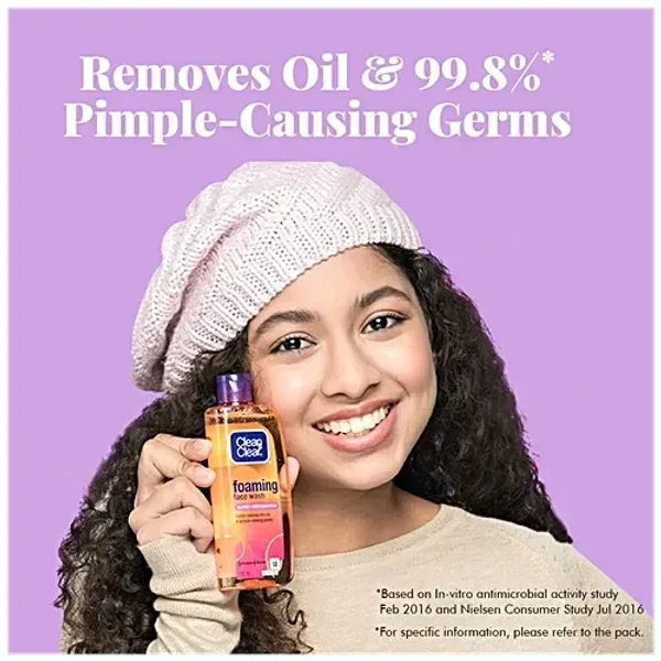 Highlights Removes Oil & 99.8% Pimple Causing Germs Clean & Clear Clean & Clear Foaming Face Wash - Oil-Free, Wont Clog Pores, Removes Oil & 99.8% Pimple Causing Germs, 150 ml - 150ml