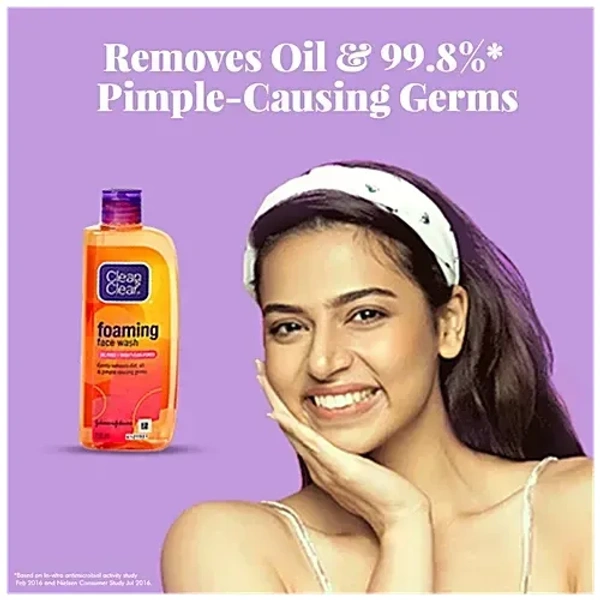 Highlights Removes Oil & 99.8% Pimple Causing Germs Clean & Clear Clean & Clear Foaming Face Wash - Oil-Free, Wont Clog Pores, Removes Oil & 99.8% Pimple Causing Germs, 150 ml - 150ml
