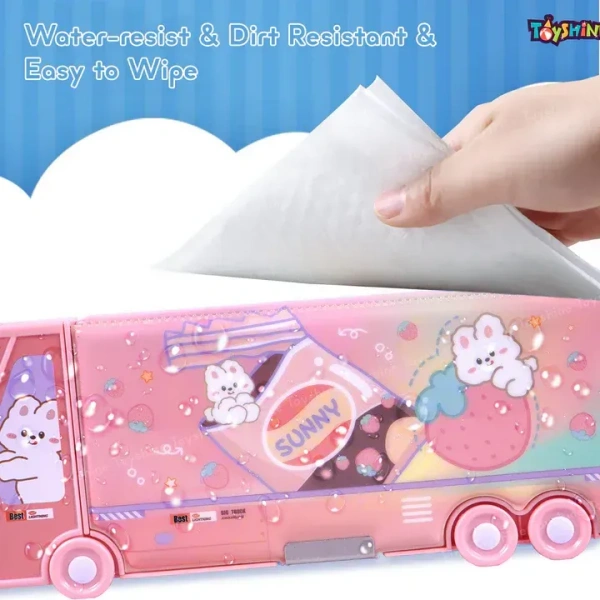 Sunny Rabbit Double Compartment Bus Pencil Box with Moving Tyres Button Enabled Storages and Sharpner for Kids - Pink - Pink