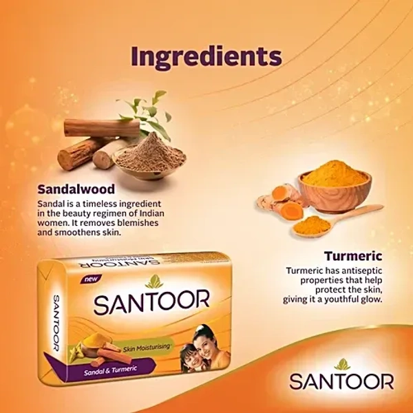 Santoor Sandal & Turmeric Bathing Soap, 125 g (Pack of 4) - 125