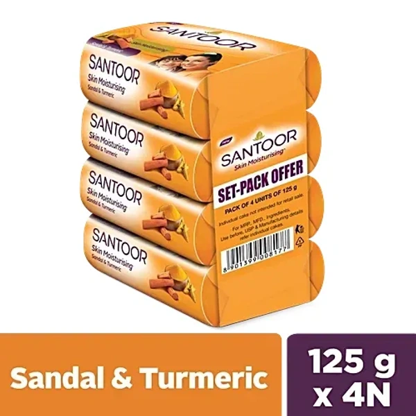 Santoor Sandal & Turmeric Bathing Soap, 125 g (Pack of 4) - 125