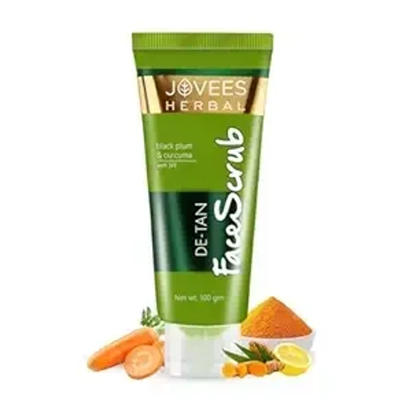 Jovees Herbal De-Tan Scrub With SPF For Brightening & Revitalizing Face Scrub | Remove Dead Skin | Gentle Exfoliation, Smooth and Clear Complexation With Turmeric & Aloe Vera | For All Skin Type- 100g