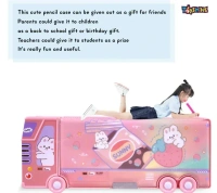Sunny Rabbit Double Compartment Bus Pencil Box with Moving Tyres Button Enabled Storages and Sharpner for Kids - Pink - Pink