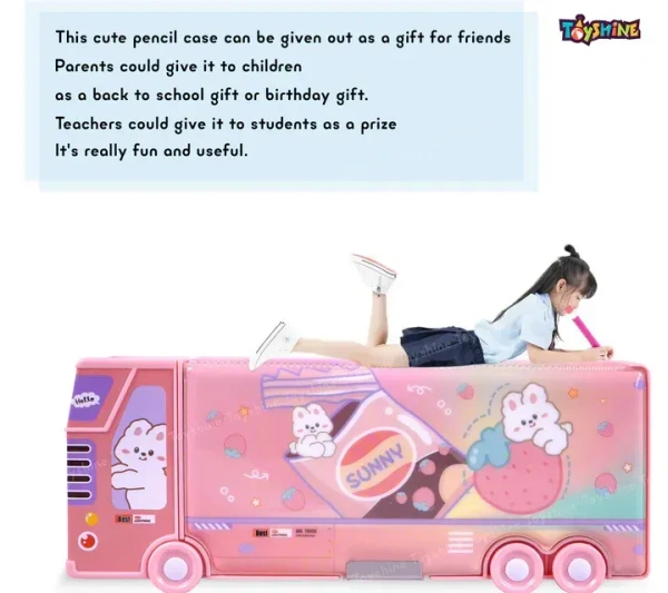 Sunny Rabbit Double Compartment Bus Pencil Box with Moving Tyres Button Enabled Storages and Sharpner for Kids - Pink - Pink