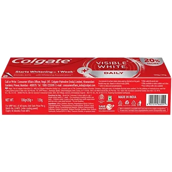 Colgate Visible White Toothpaste - Sparkling Mint, 100 g With 20 % More - 120