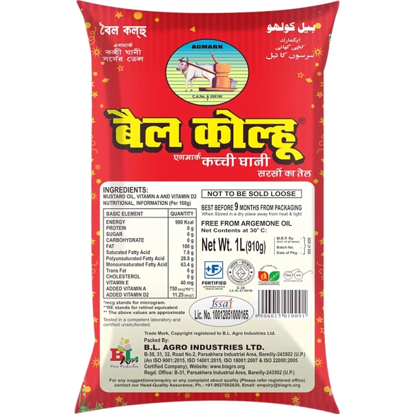 Bail Kolhu Kachi Ghani Mustard Oil, 1 L Pouch