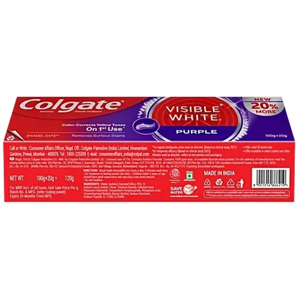 Colgate Visible White Purple Toothpaste, 120 g (100 g + 20 g) - 120