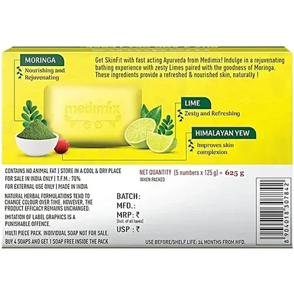 Medimix Ayurvedic Lime With Moringa Soap, 125 g (Buy 4 Get 1 Free) - 5*125