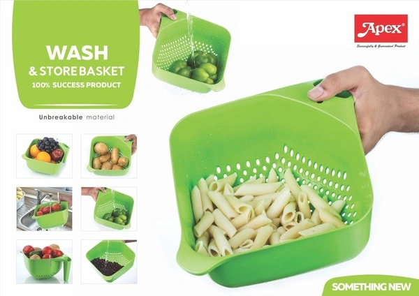 Apex Hard Plastic Vegetable Fruit Basket Rice Wash Sieve Washing Bowl - Green