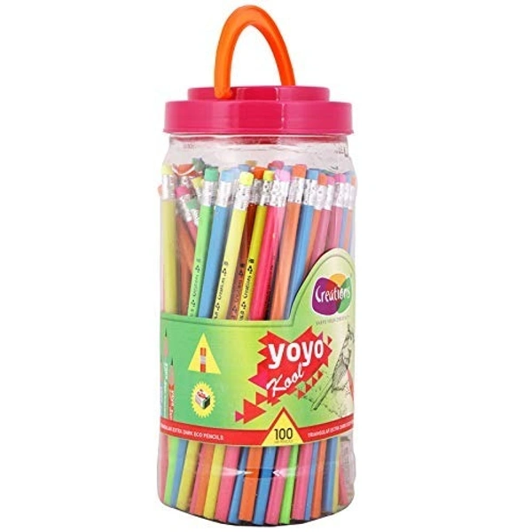 Creations Yoyo Kool Eco Friendly HB Pencils with Rubber Tip 100 Pencils Jar + Free 5 pcs Sharpeners Inside Jar