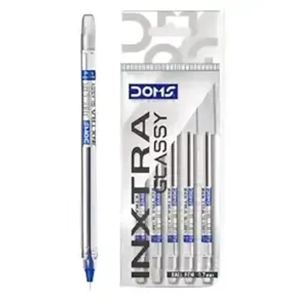 Doms Inxtra Glassy 0.7mm Ballpen-Pack Of 5 -Blue Ink| Transparent Clear Body| Comfortable Grip For Smooth & Long Writing| Non-Fading & Smudge Free, Quick Dry, Lightweight, Pocket Clip