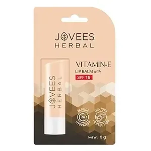 JOVEES Herbal Vitamin E Lip Balm with SPF 15 For Soft, Glossy And Supple Lips | 24 Hour Hydration | Rejuvenates Dark, Pigmented, Dry, Chapped And Sun Damage Lips- 5g, Beige