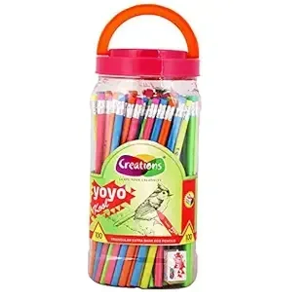 Creations Yoyo Kool Eco Friendly HB Pencils with Rubber Tip 100 Pencils Jar + Free 5 pcs Sharpeners Inside Jar